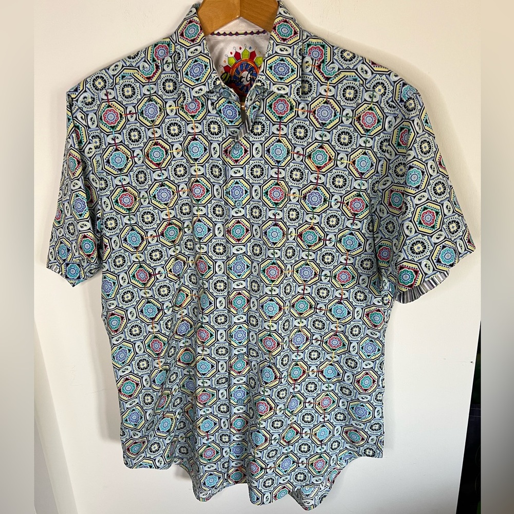 Robert Graham Rainbow Geometric Abstract Pattern Print Short Sleeve Shirt Large